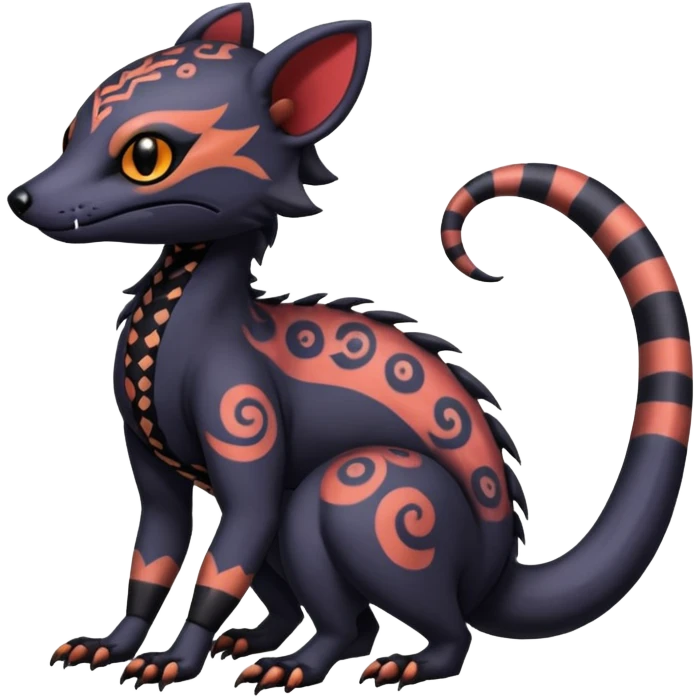 Rare warm-colored exotic gloomy tropical edgy cute epic aesthetic spooky  gothic colorful Salandit-Noibat-Civet-species-Fakemon-hybrid-creature, with tribal tattoo markings, full body emoji