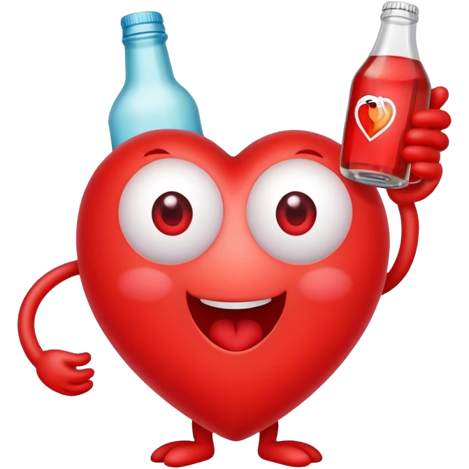 A red heart ❤️ with eyes, a mouth, and hands, looking tipsy and drunk, holding a bottle of drink in one hand, with a playful, wobbly expression emoji