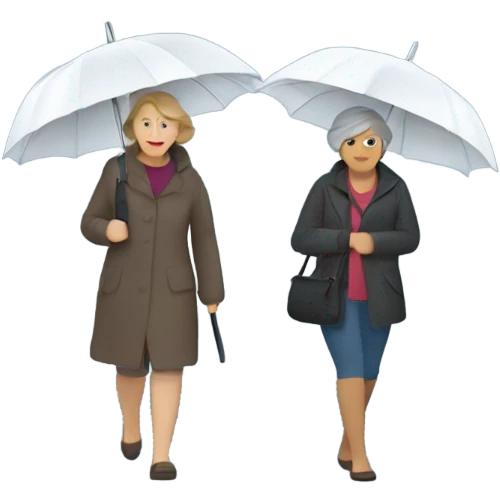 Two middle-aged women walking in heavy rain with umbrellas emoji