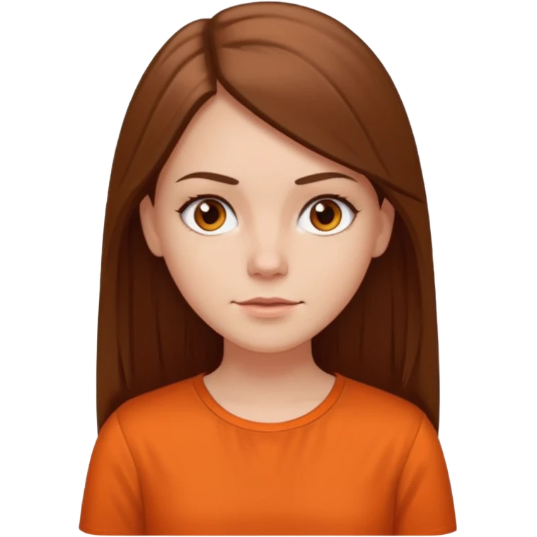 white girl with long straight hair and orange blouse not smiling emoji