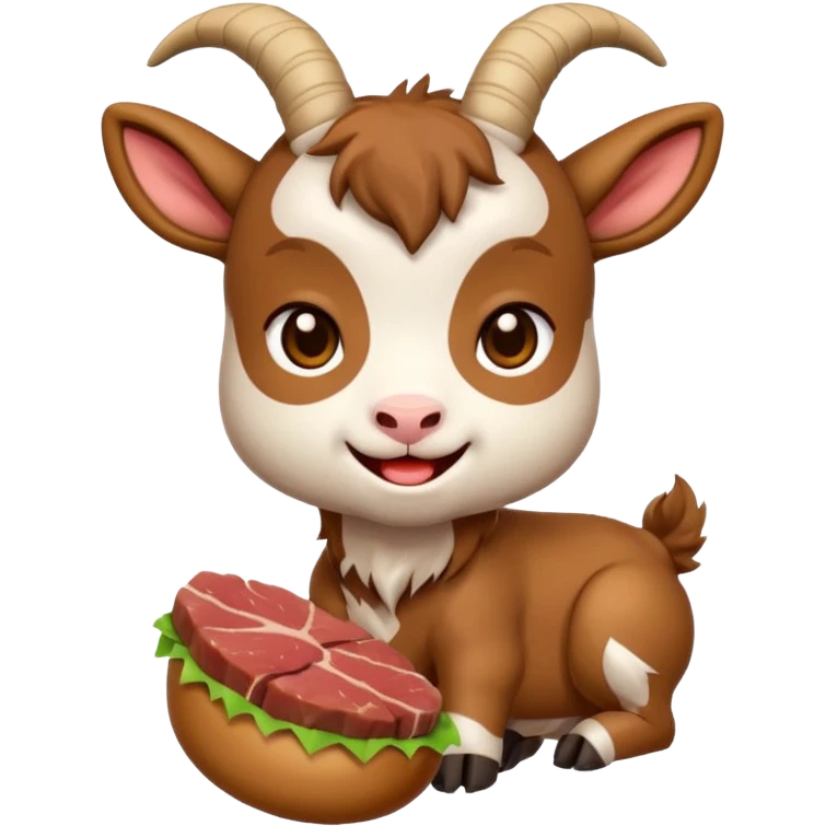 chibi goat emoji, eating meat, in a anime style emoji