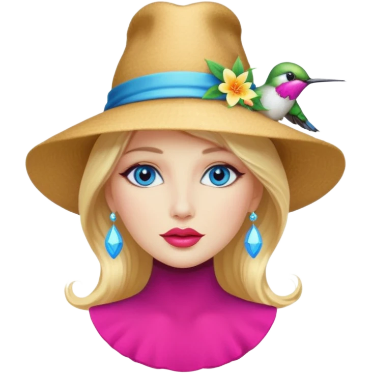 bust woman long blonde hair blue eyes white skin with hummingbird hat and nectar glow lips emoji