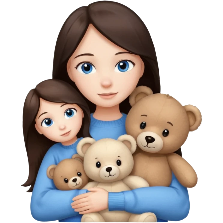 a girl with long dark brown hair, with blue eyes, in a
white sweater, hugs 3 different natural coloured emoji