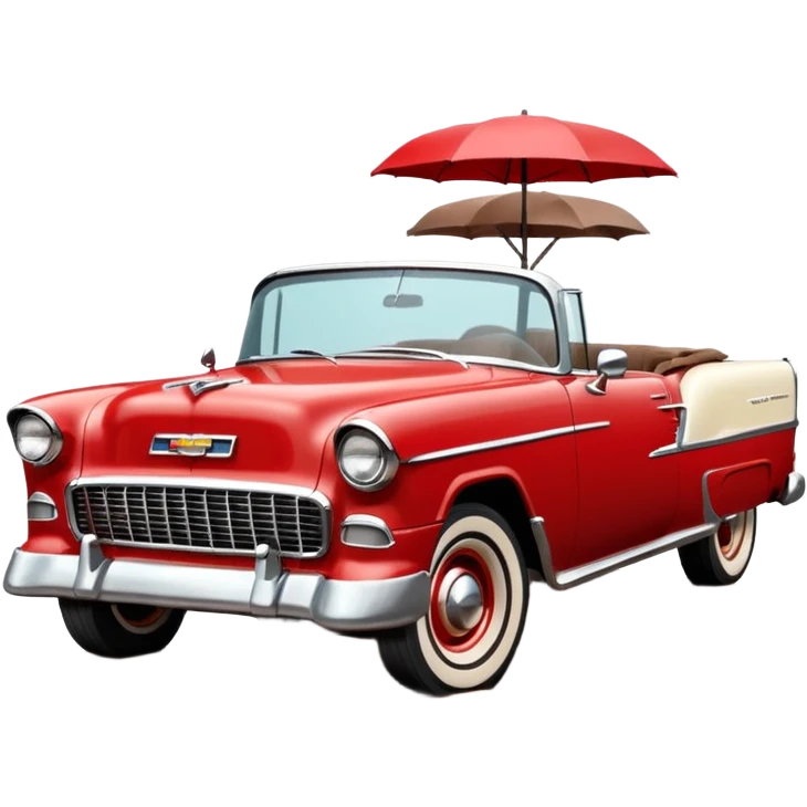 1955 Chevrolet Bel Air Convertible, Red-White color, with a bucket of brown mud pouring down on it, and the car itself is covered in brown mud on all sides, the doors, bumper, hood and wheels are covered in brown mud. 32x32 pixels, aspect ratio: 1:1 emoji