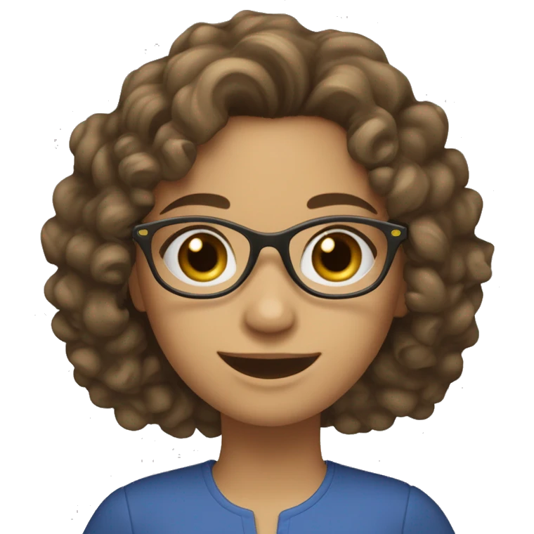 A fair-skinned girl, wearing blue plastic glasses, her hair is curly, she has a beautiful smile, and her left eyebrow is slit. She has dark hazel eyes, her hair is brown and curly, and she wears an olive-coloured blouse emoji