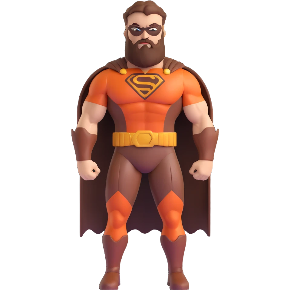 muscular superhero in brown and auburn costume, beard-shaped logo, comb-shaped belt, magnificent beard emoji