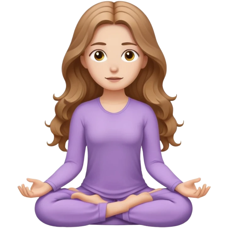 White girl, with long wavy light brown hair and hazel eyes, meditating wearing lilac emoji