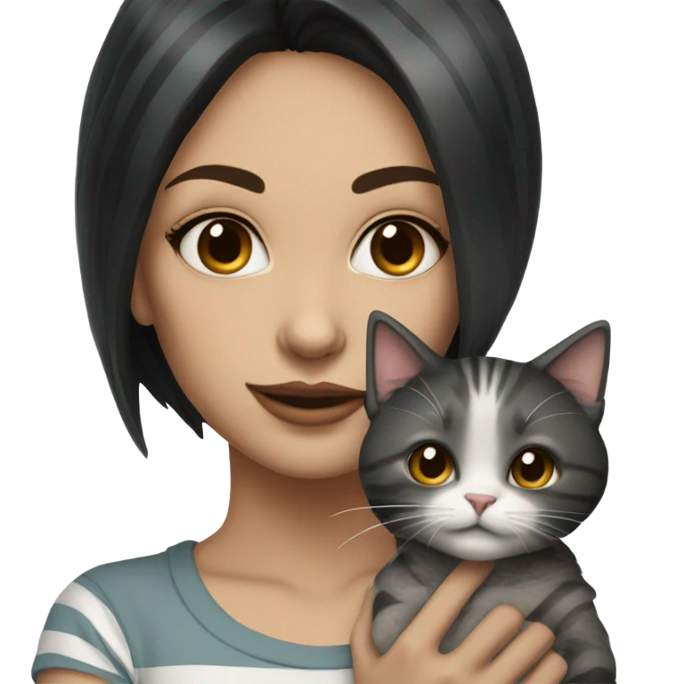 Beautiful dark haired tattooed woman holding gray and white stripe long haired cat emoji