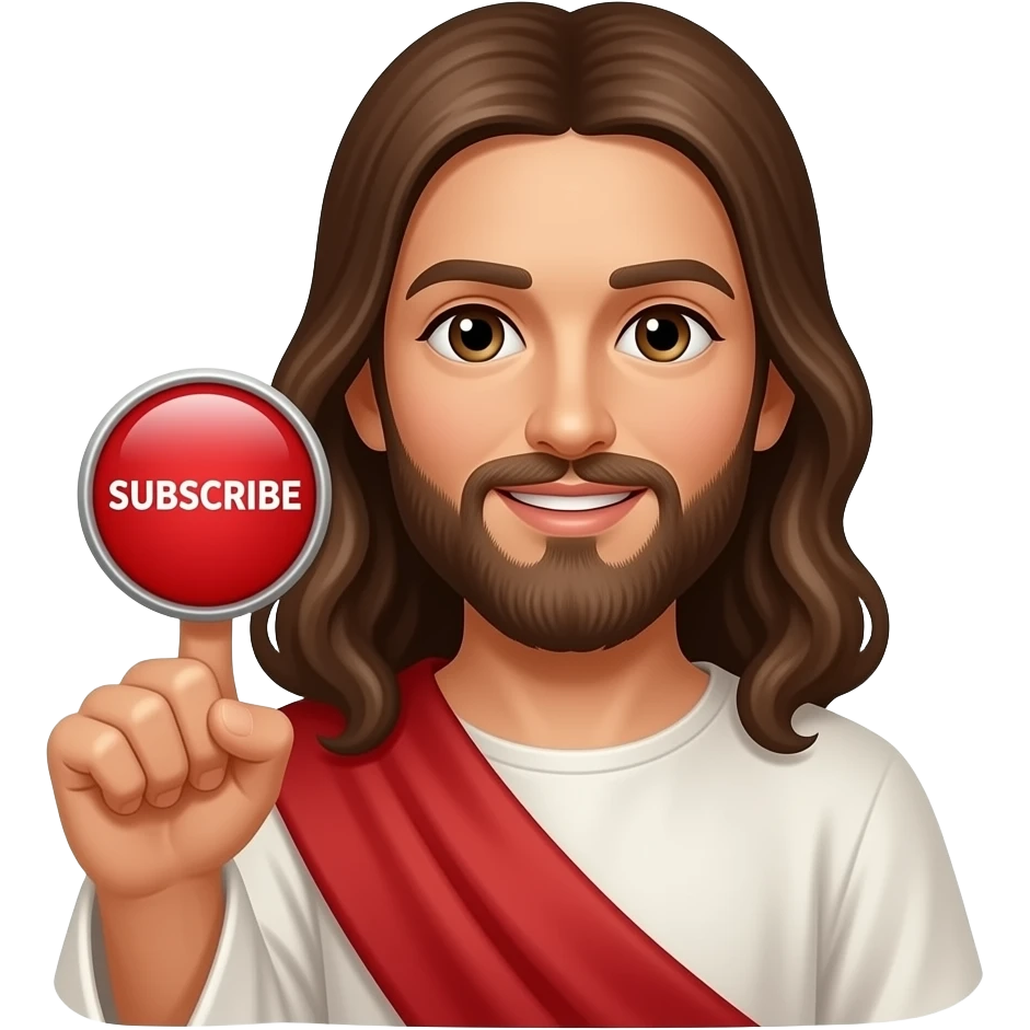 JESUS sosteniendo un boton rojo QUE DICE "SUSCRÍBETE" emoji