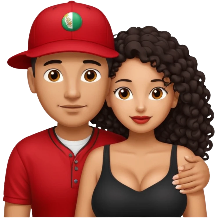 A picture of an embracing tanned couple. the man is a Mexican man with tanned skin, with a bald hair cut wearing a red baseball hat and wearing a black shirt. the woman is mixed, with glasses,  with long curly dark brown hair and with big boobs. Remove the glasses from the guy emoji