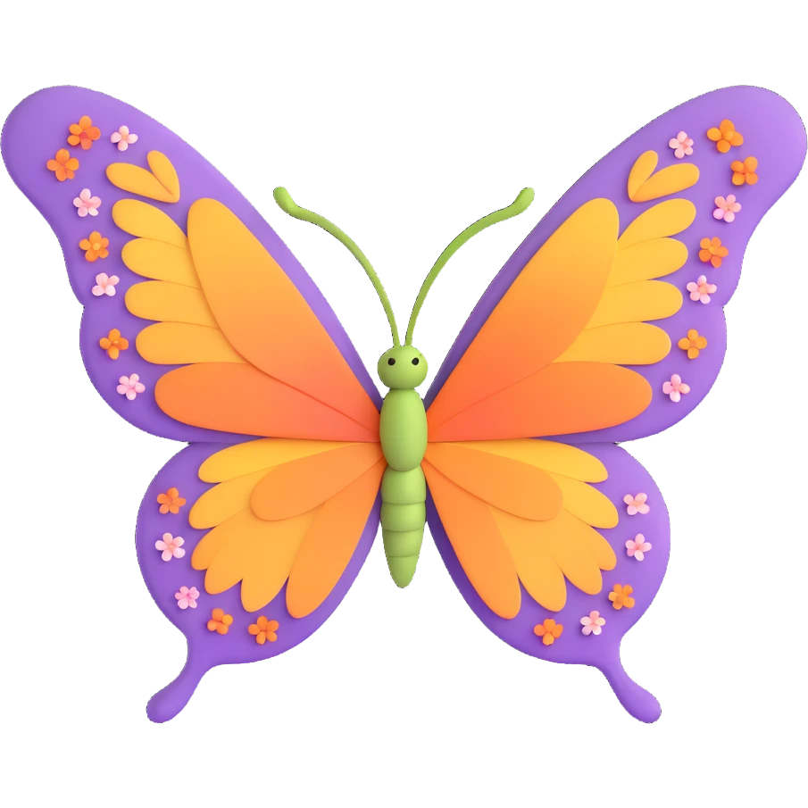Add beautiful, subtle flower-shaped dust and petals like magical particles around the butterfly. Maintain the 3D cartoon, elegant, fantasy style with a transparent background. emoji