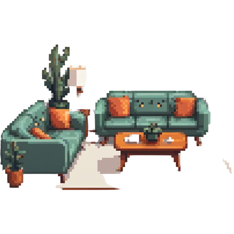 escenary 3d of a cozy mid-century living room with two people working on laptops, one man standing at a desk, and one woman sitting on a couch emoji