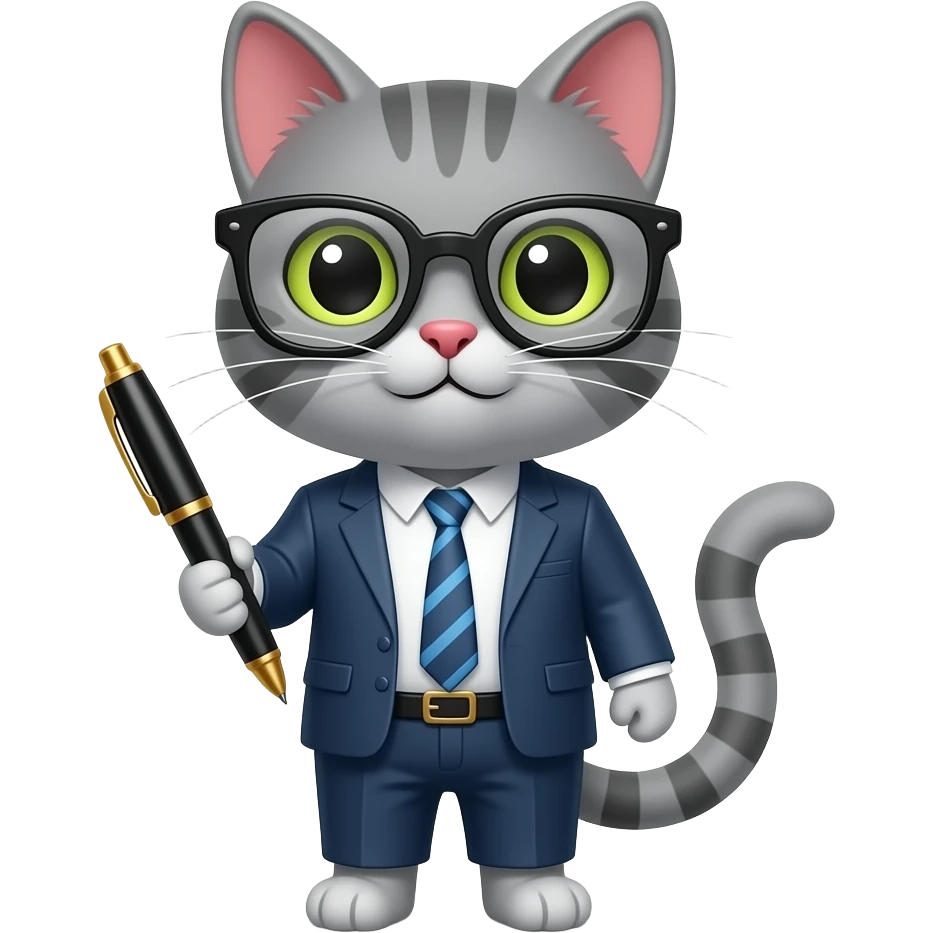 smart grey cat with glasses and pen emoji