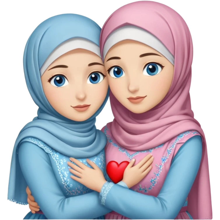 Two Turkish beautiful finish Konya girls blue eyes with hijab and heart dress and hugs  emoji