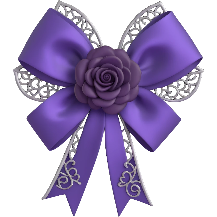 gothic bow, deep purple satin, silver filigree, black rose accent, elegant and moody emoji