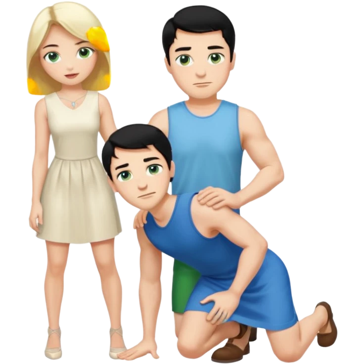 King, man, upright, black Hair, blue eyes, whole body, Woman, bending knees, blonde, green eyes, sleveless White Dress, emoji