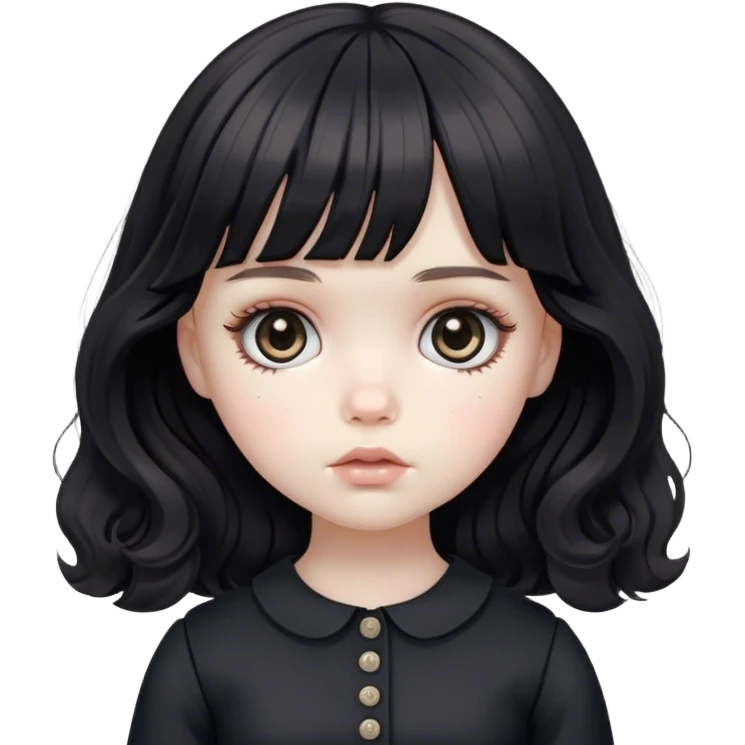 a very pale sad feminine white girl with medium length black wavy hair with bangs with big light brown eyes looking like a porcelain doll with black clothes emoji