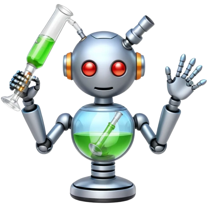 playful and fun robot character hitting a transparent glass bong, no fruit emoji