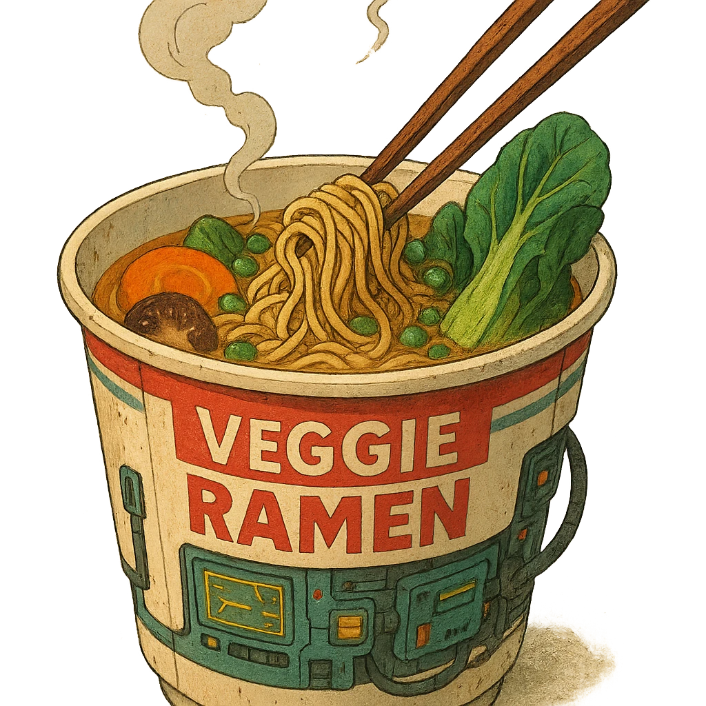 cyberpunk futuristic, scifi, a bowl of delicious veggie , ramen, 1990s, paper cup, classic style branding emoji