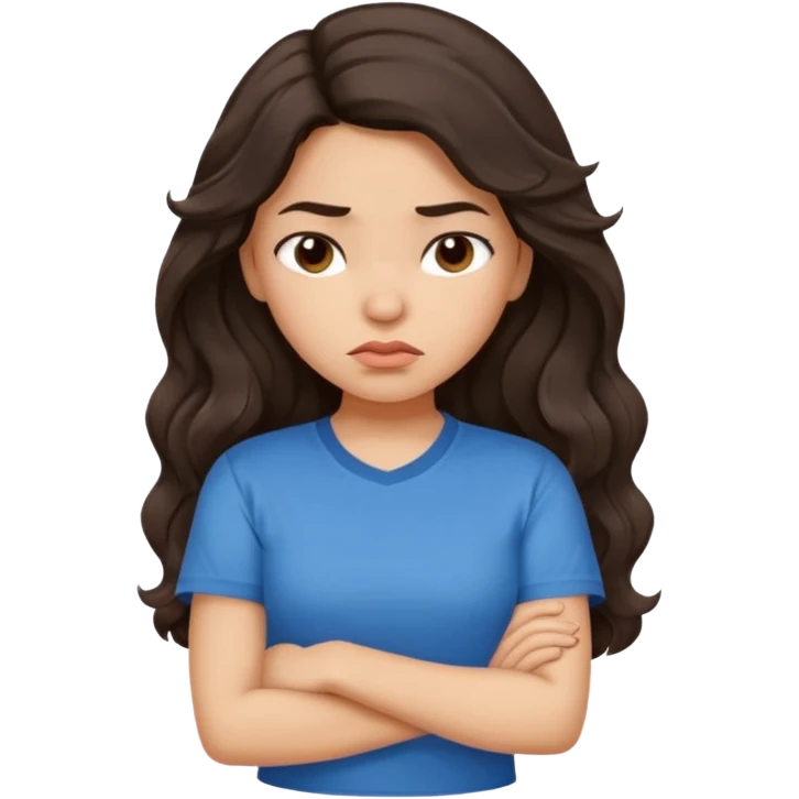 Hispanic girl with long dark brown wavy hair crossing her arms and  pouting emoji