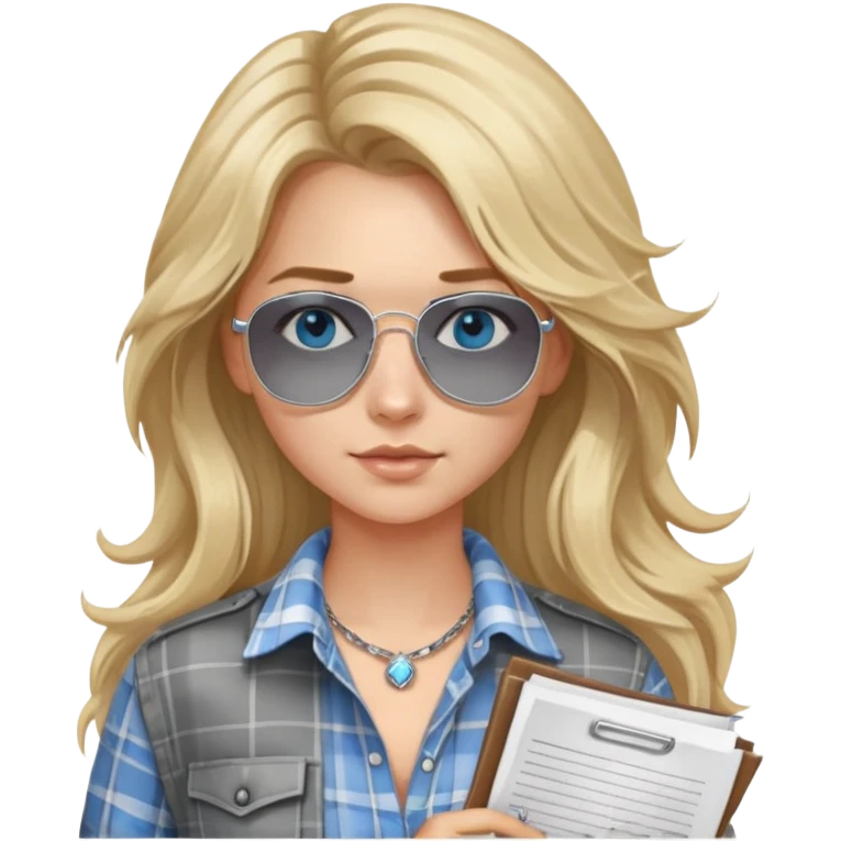 girl with long blond messy hair wearing grey plaid shirt with blue eyes and aviator sunglasses wearing a ring on her silver necklace, holding lawyer papers emoji