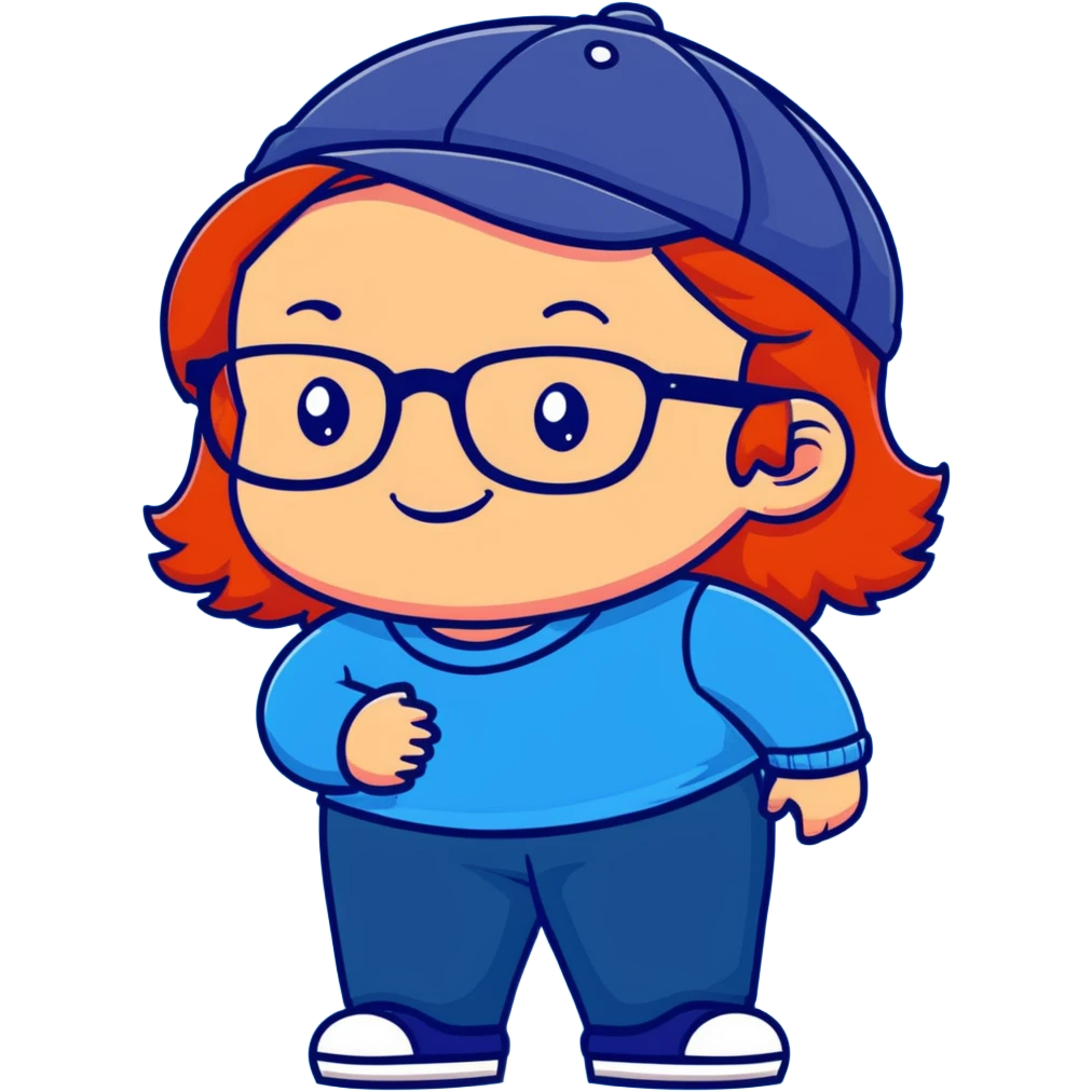 Young person with red hair, glasses, earrings and a wonderful smile, wearing blue clothes, jeans and a cap emoji