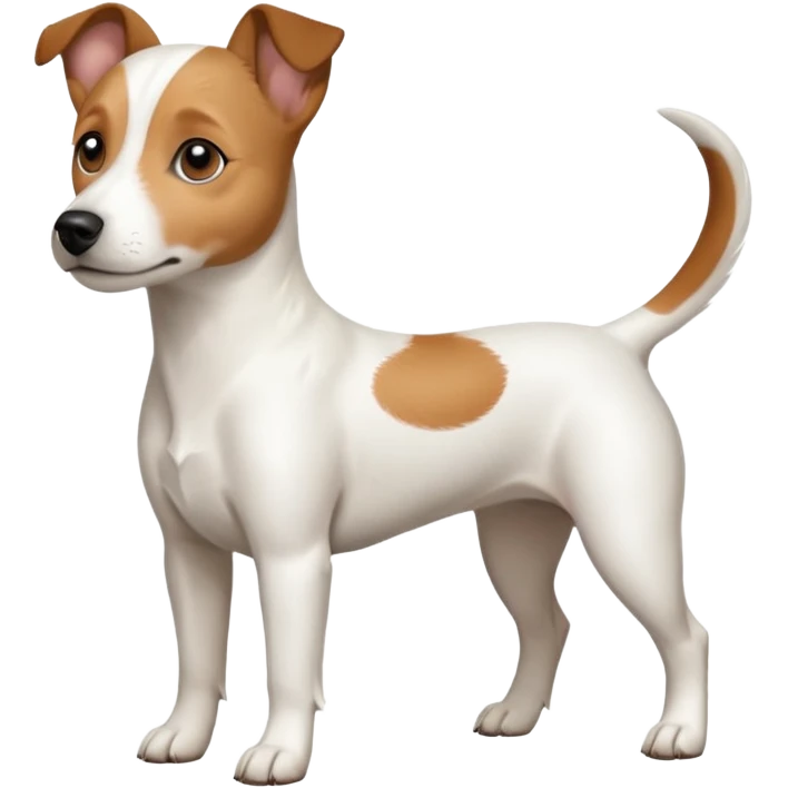 a full body white jack russel looking dog the size of a kelpie with light brown ears and a light brown patch on one eye, flopped down ears and a large snout emoji