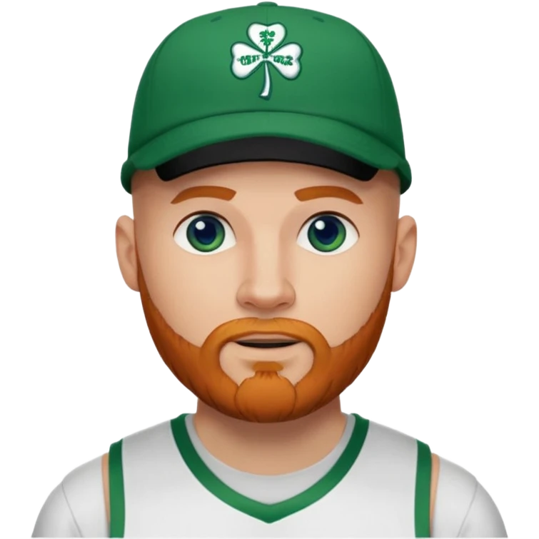 Bald white man with ginger beard and blue eyes in Jason Tatum Boston Celtics jersey over tshirt with Boston Celtics basketball logo on cap emoji