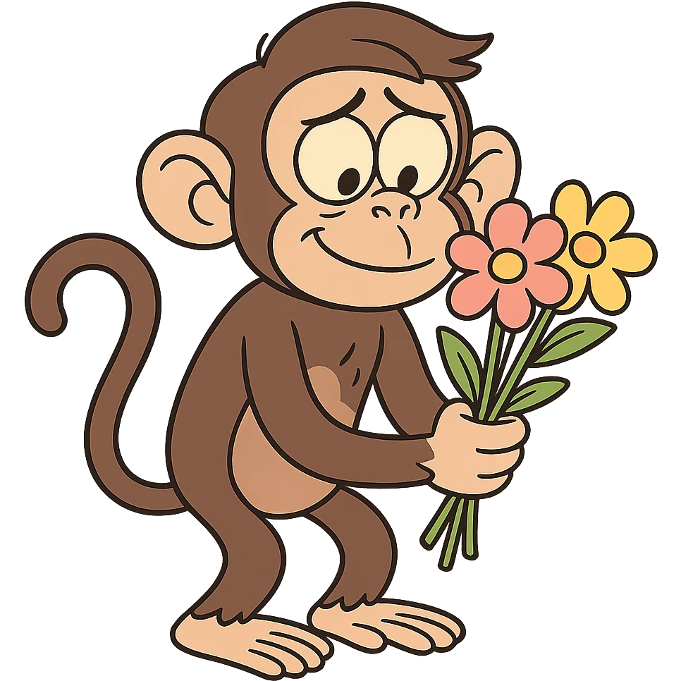 flat toon style monkey with flowers emoji