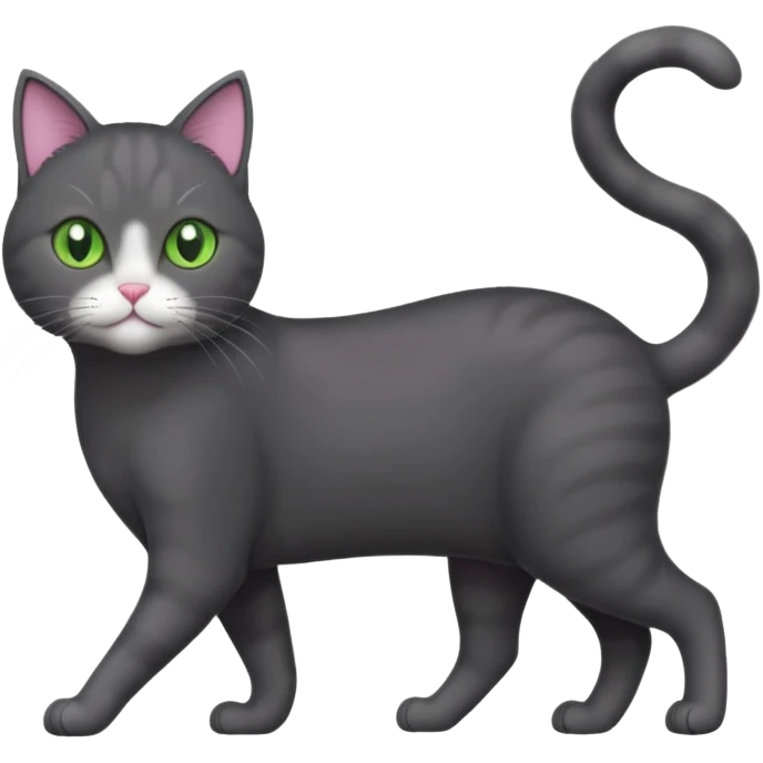 full body gorgeous solid dark grey cat with green eyes, white paws and white whiskers walking emoji