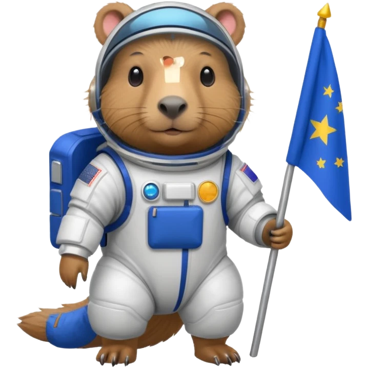 Capypara in space suit, holding blue rectangle flag emoji