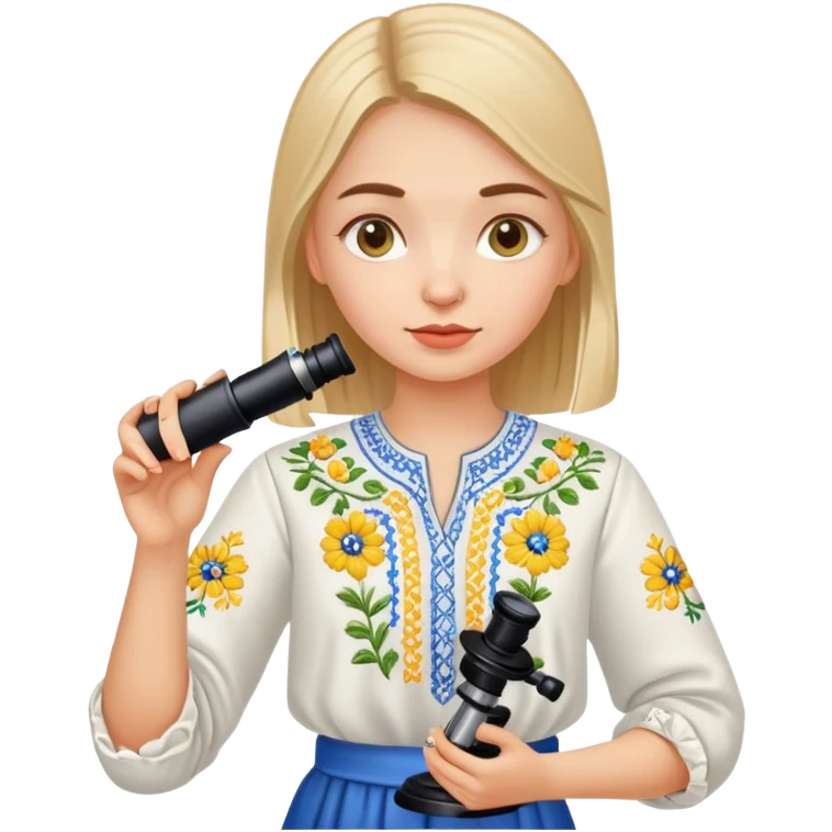 Ukrainian girl in traditional embroidered vyshyvanka shirt holding a microscope emoji