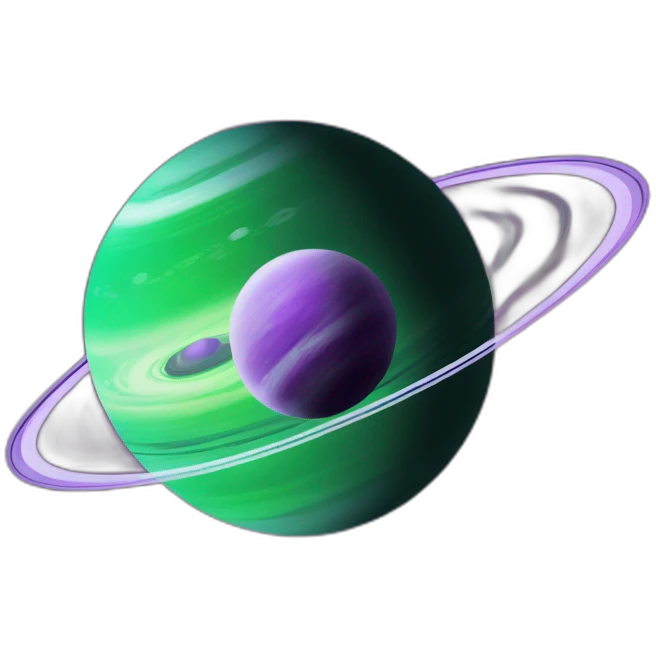 green planet with purple saturn rings and white moon emoji
