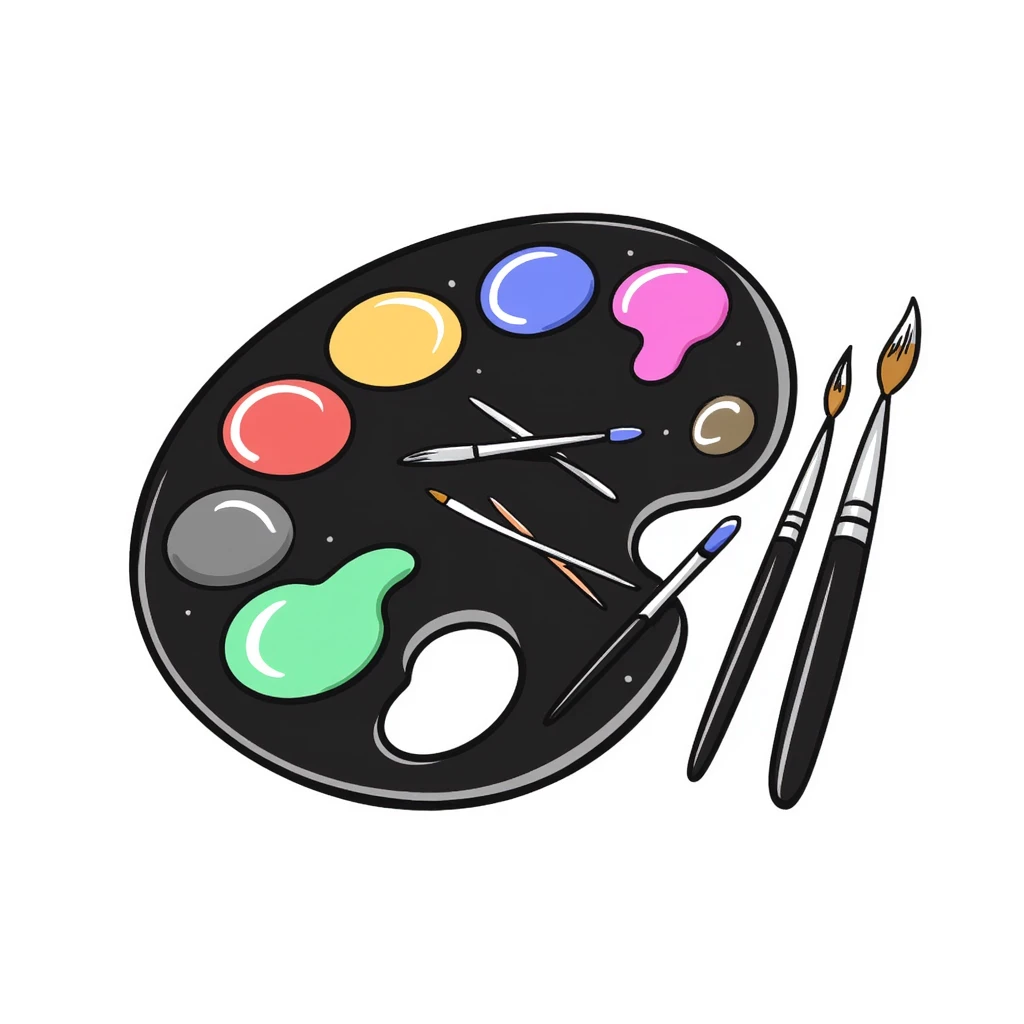 Detailed artist's palette with colorful paint blobs, palette holes, and paintbrushes nearby. Detailed and intricate doodle style. emoji