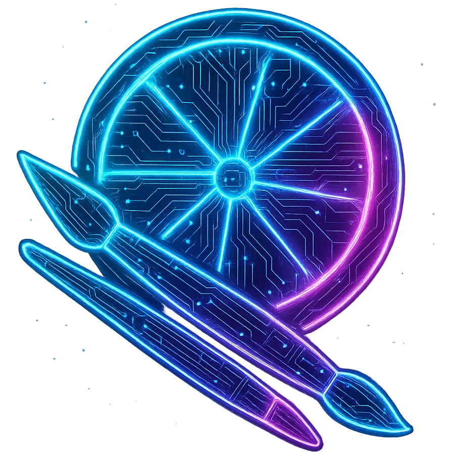 Transform the Paint Tool SAI logo into a cyberpunk, holographic style with glowing neon blue and pink edges, circuit patterns throughout the entire icon, and a transparent background. Maintain the recognizable elements of the logo (the citrus slice and paintbrushes), overlaying neon and circuit effects in the same futuristic, clean style as previous cyberpunk icons. The whole icon should have a consistent cyberpunk glow and intricate circuit details in a futuristic, clean style. emoji