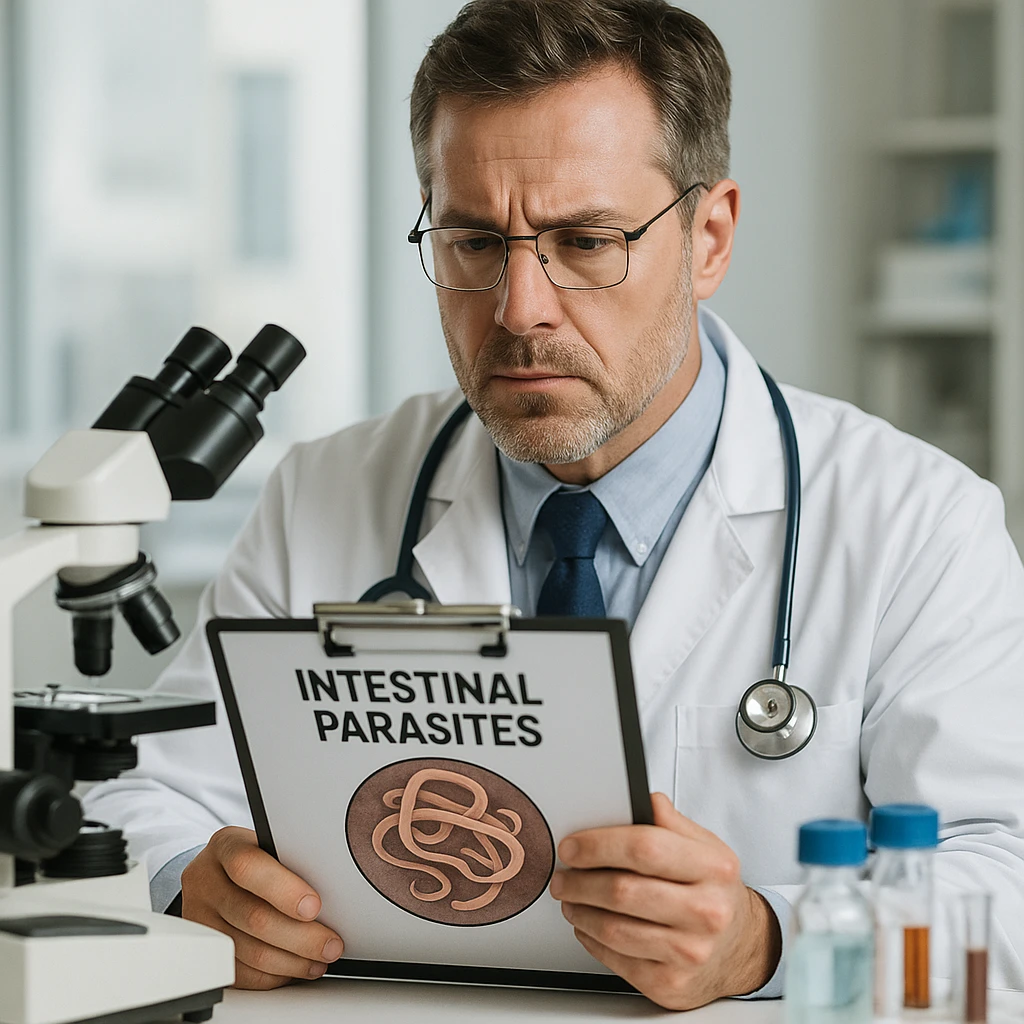 realistic image of an American doctor studying intestinal parasites in a medical setting, focused expression, lab equipment visible emoji