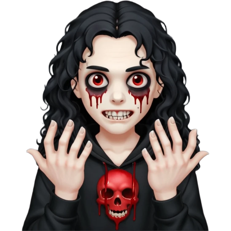 Vampire wearing a black hoodie with a skull logo on it, long curly hair that covers the forehead, fanged teeth and blood on hands emoji