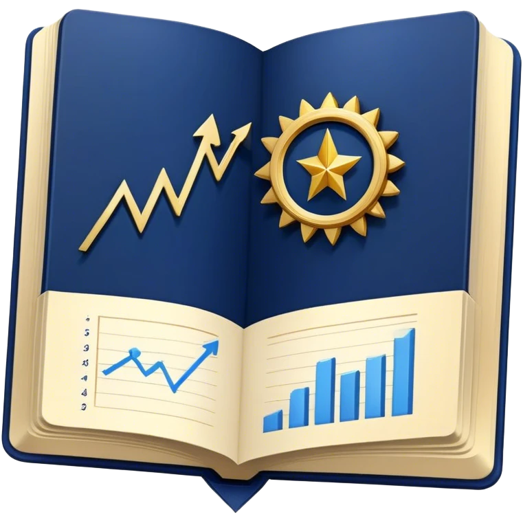 A navy blue productivity book with gold details, chart with upward trend aura, radiating productivity, strategy, and success in motion- emoji