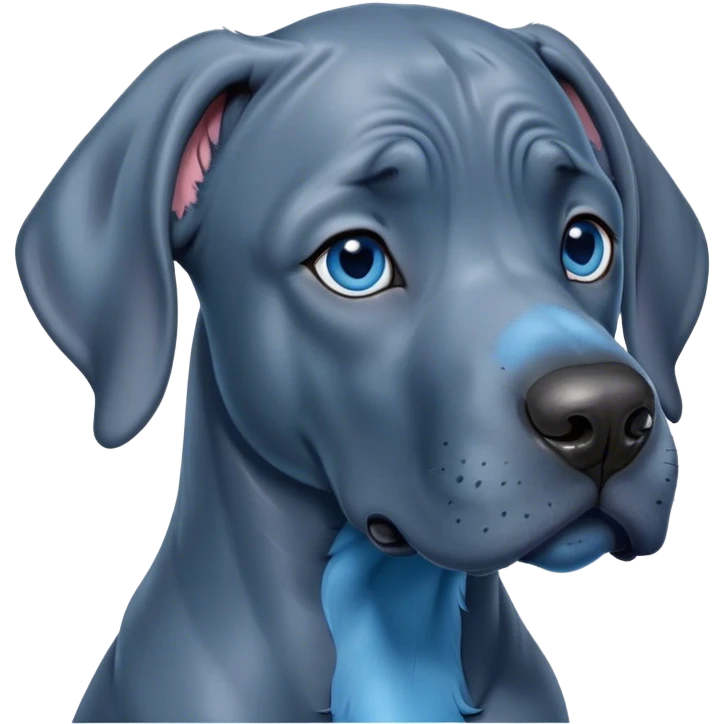 Cinematic Cute Blue Great Dane Portrait Emoji, Head tilted playfully and inquisitively, featuring a glossy blue Fur with a refined sheen, round, sparkling steel-blue eyes filled with curiosity, Simplified yet irresistibly adorable features, highly detailed, glowing with a warm, friendly glow, high shine, affectionate and gentle, stylized with a touch of whimsy, bright and endearing, soft glowing outline, capturing the essence of a mischievous yet loving pup, so playful it feels like it could lumber out of the screen and into your arms! emoji