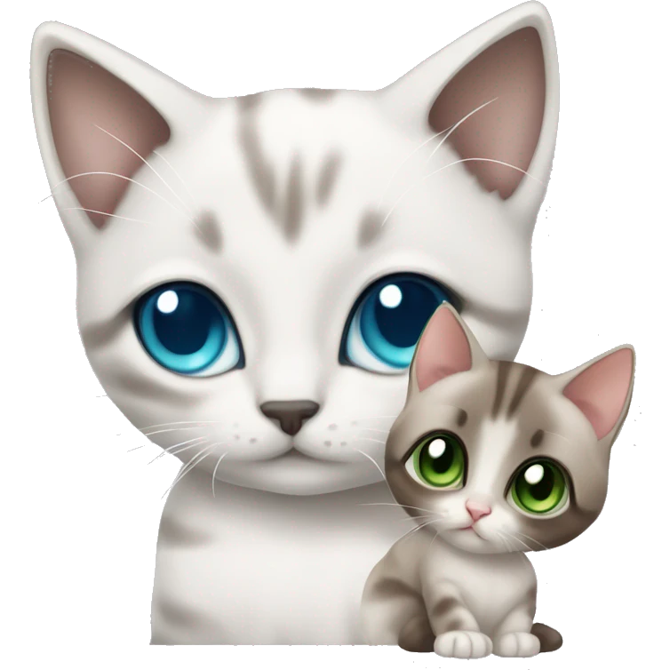 extremely cute kawaii white and gray siamese kitten with blue eyes, and brown tabby kitten with green eyes emoji