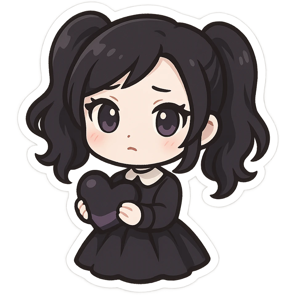 gothic chibi sticker, black and purple heart, cute and expressive, chibi style emoji