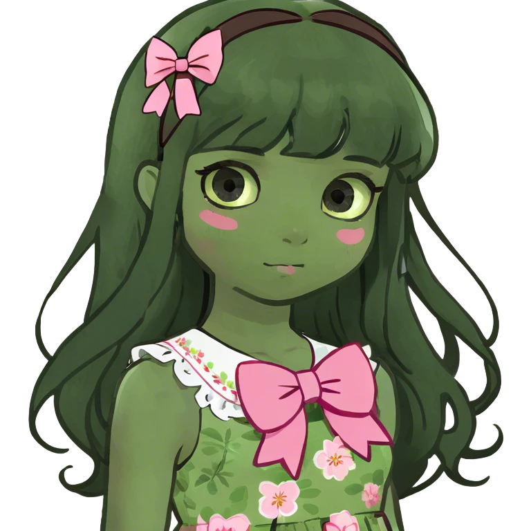 Cute girl with long black hair, pink bow, brown eyes, sad face emoji