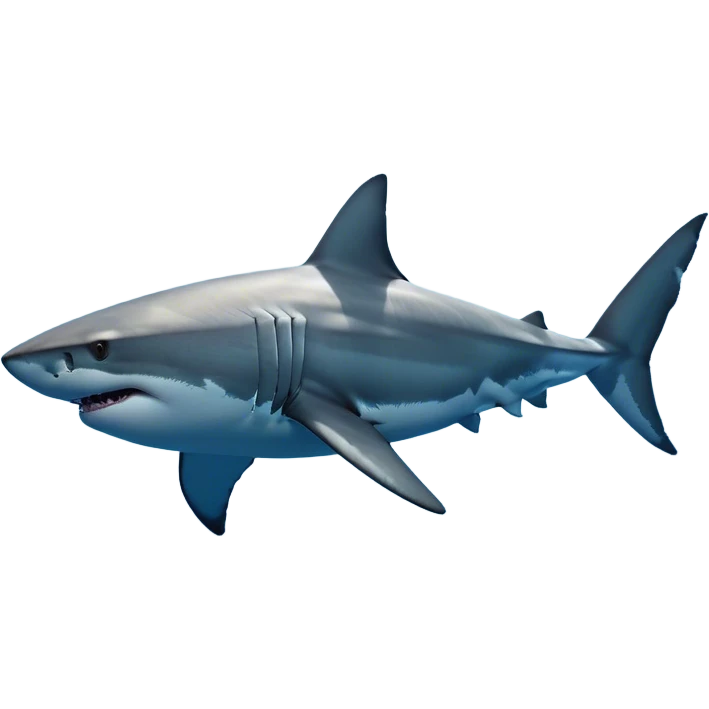 Cinematic Noble Great White Shark Portrait Emoji, Poised and regal, with a robust, torpedo-shaped body, a pointed snout, a gleaming white underbelly contrasting with a slate gray dorsal surface, and piercing, intense eyes scanning deep blue waters, Simplified yet sharp and sophisticated features, highly detailed, glowing with a cool, oceanic luminescence, high shine, intelligent and commanding, stylized with an air of marine authority, focused and vigilant, soft glowing outline, capturing the essence of a watchful and confident predator that appears ready to surge out of the screen with effortless power! emoji
