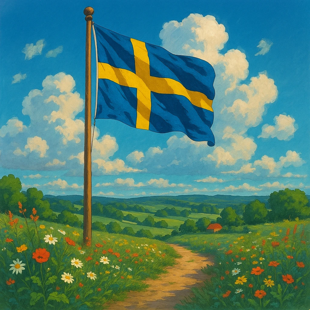 svenska flaggan, Swedish flag, ghibli style, detailed, vibrant colors emoji