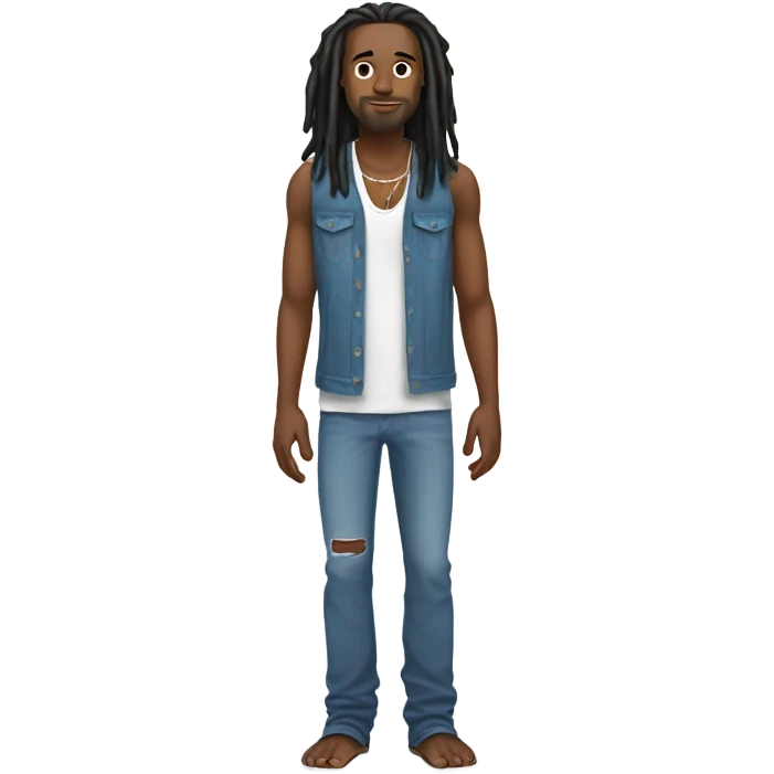 Indie Black man with white long dreadlocks, white tank top, blue flair jeans, barefoot, plain white background emoji