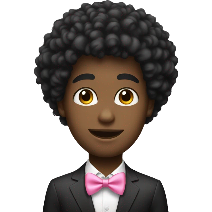 A black twink with an afro mullet in a suit, pretty face, a pink bow tie emoji