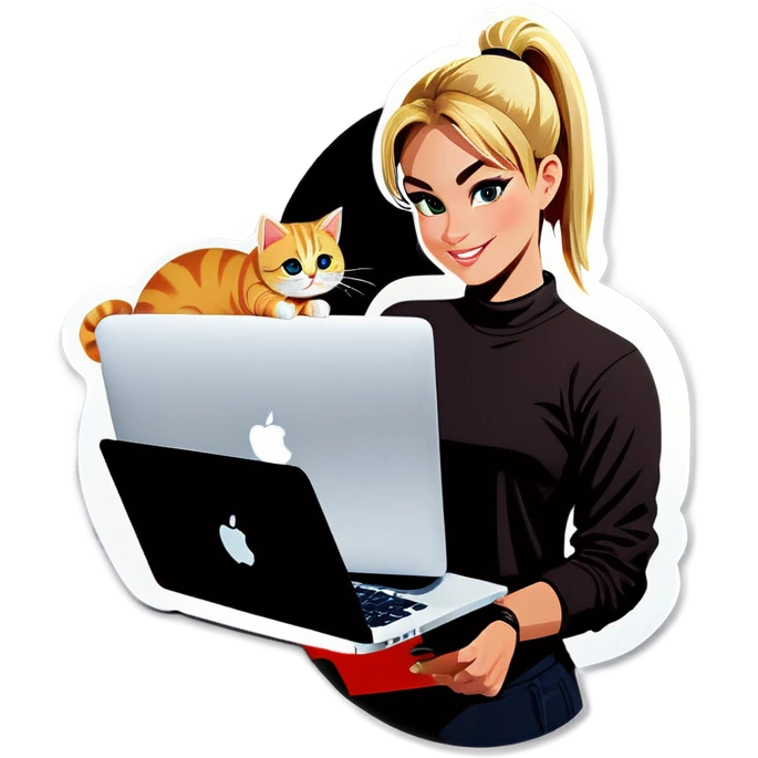 Blonde girl ponytail macBook and a cat emoji