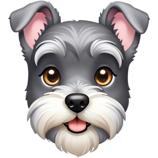 Cinematic Cute Miniature Schnauzer Portrait Emoji, Head cheerfully cocked with expressive, twinkling eyes and a neatly trimmed, adorable salt-and-pepper fur, simplified yet endearingly detailed, glowing with a bright, friendly radiance, high shine, exuding smart and spunky charm, styled with a delicate, whimsical outline, capturing the essence of a cute Miniature Schnauzer that appears ready to scamper off the screen with delightful energy! emoji