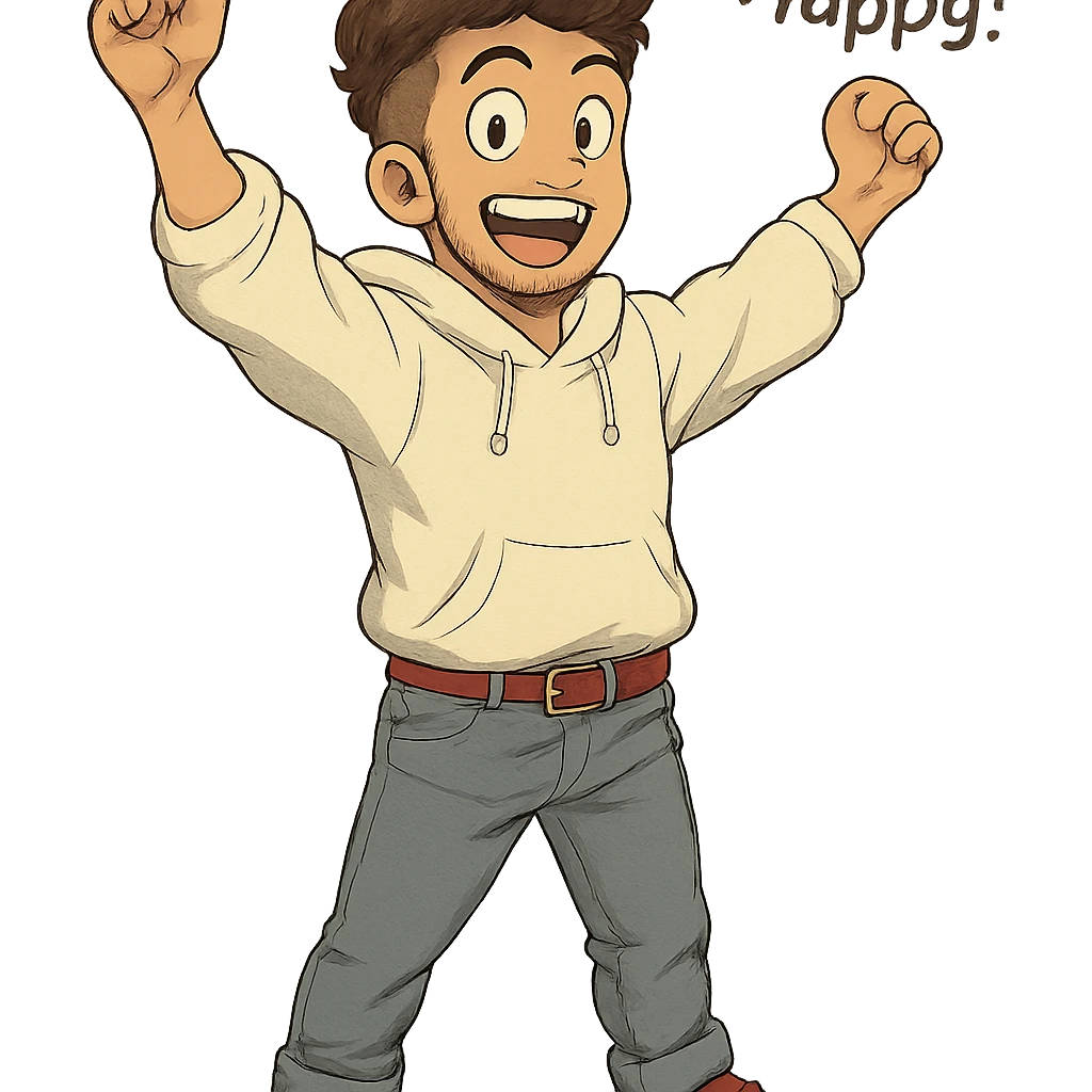 1 male, mid fade haircut dark chestnut brown curly hair, toasted lightskin, white hoodie sleeves up, gray fashion jeans, red fashion-sneakers shoes, red belt, short trimmed beard and goatee,  style of deku from "my hero academia",  "happy!" pose emoji