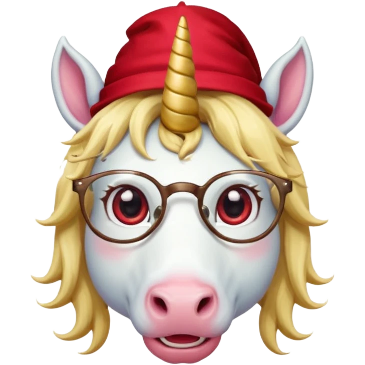 unicorn face cute wearing cute red hat, horn piercing through the hat looking in the camera, blond hair and spectacled. with big horn emoji